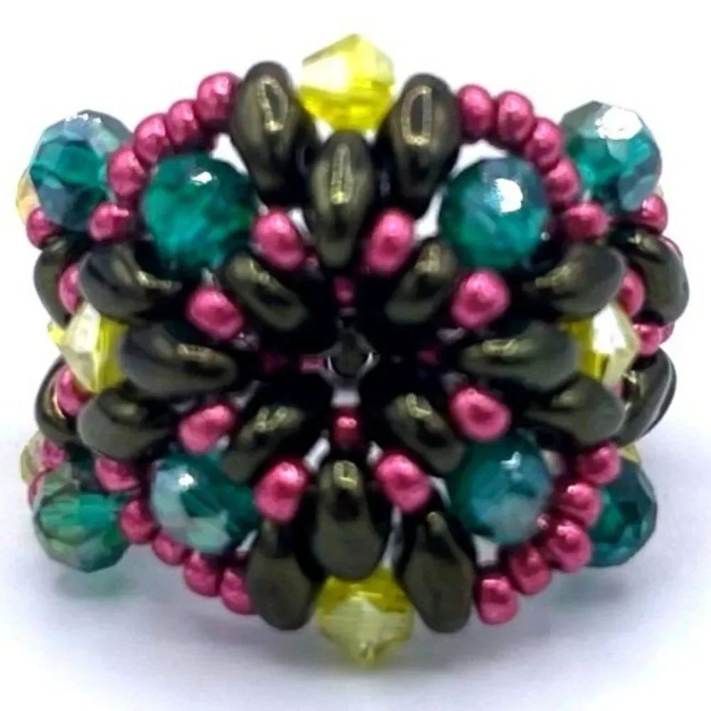 Green with Aquamarine Blue and Yellow Crystal Beaded Statement Ring Size 6